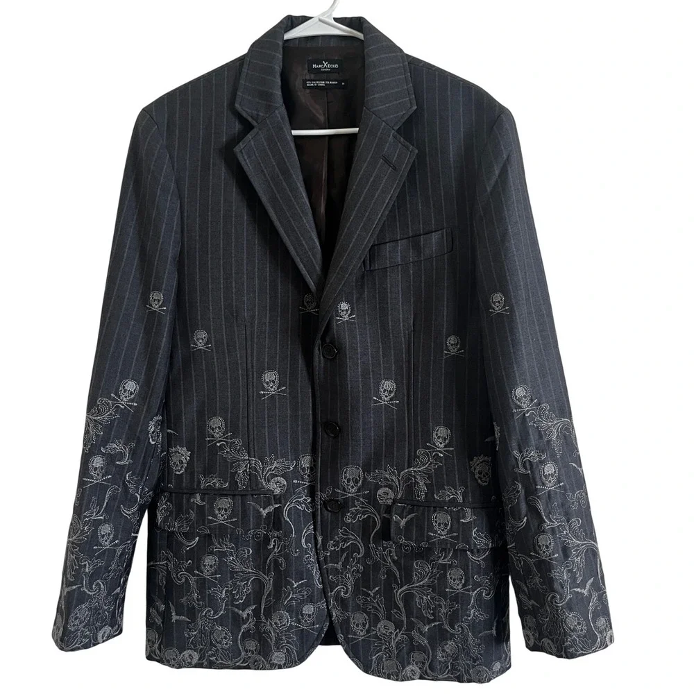 Marc Ecko Blazer Mens‎ M Grey Skull Embroidered Pinstripe Sport Coat Goth Punk